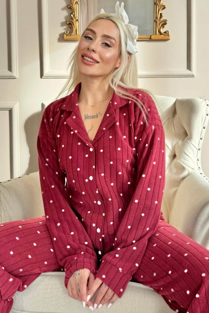 Bordo Dotted Desenli Önden Düğmeli Peluş Polar Pijama Takımı - Pijamaevi