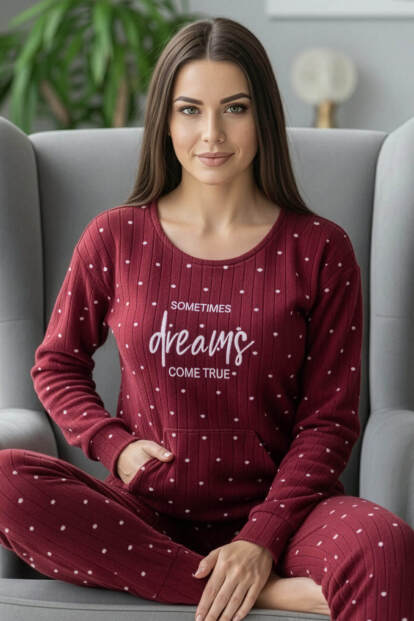Bordo Dream Desenli Kanguru Cepli Peluş Polar Pijama Takımı - Pijamaevi