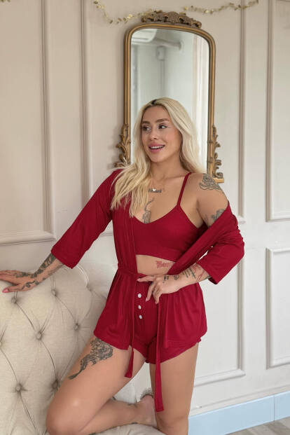 Bordo Dublin Büstiyerli Sabahlıklı Kadın Pijama Takımı - Pijamaevi (1)