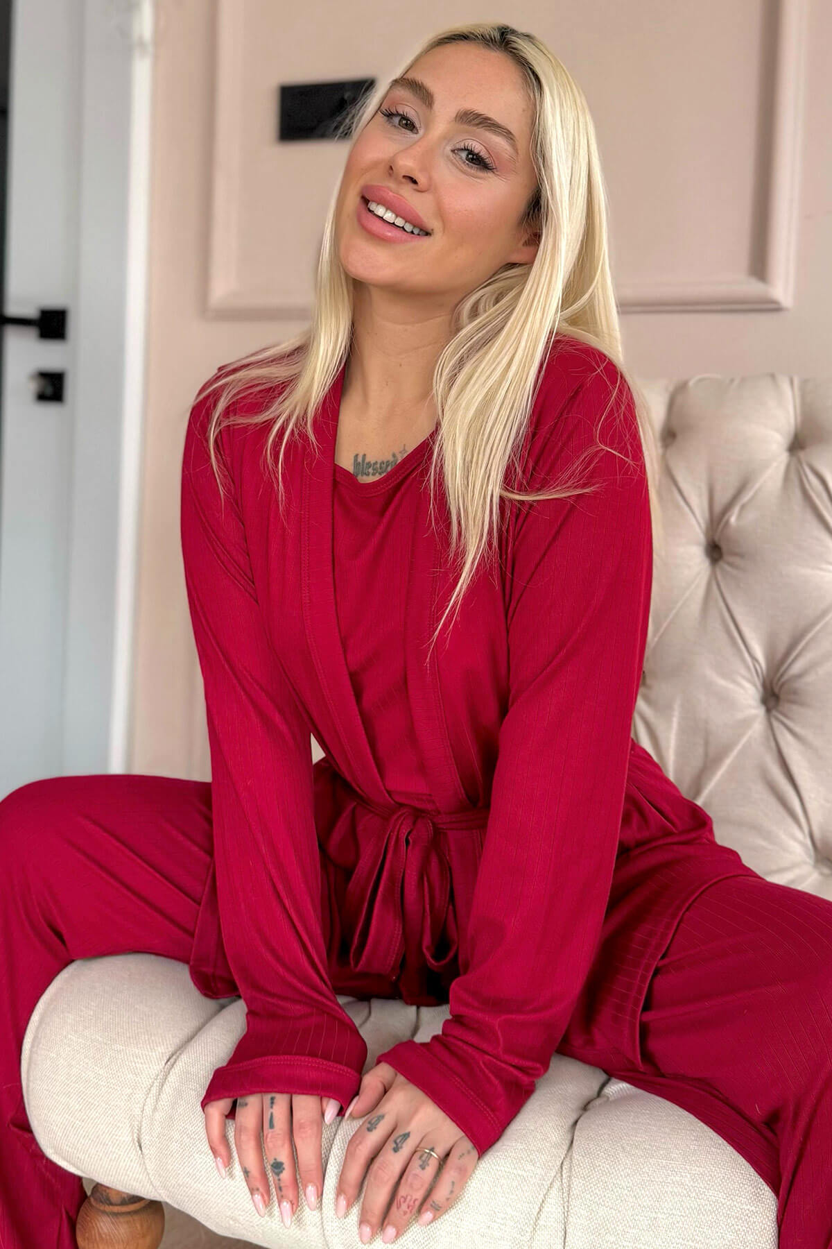 Bordo Dublin Sabahlıklı Kadın Pijama Takımı