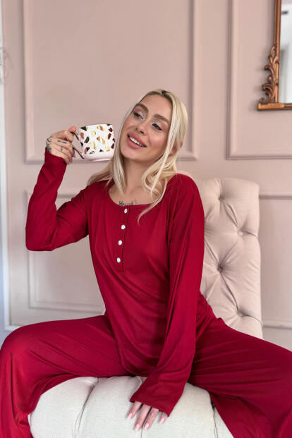Bordo Dublin Uzun Kollu Patlı Kadın Pijama Takımı - Pijamaevi (1)