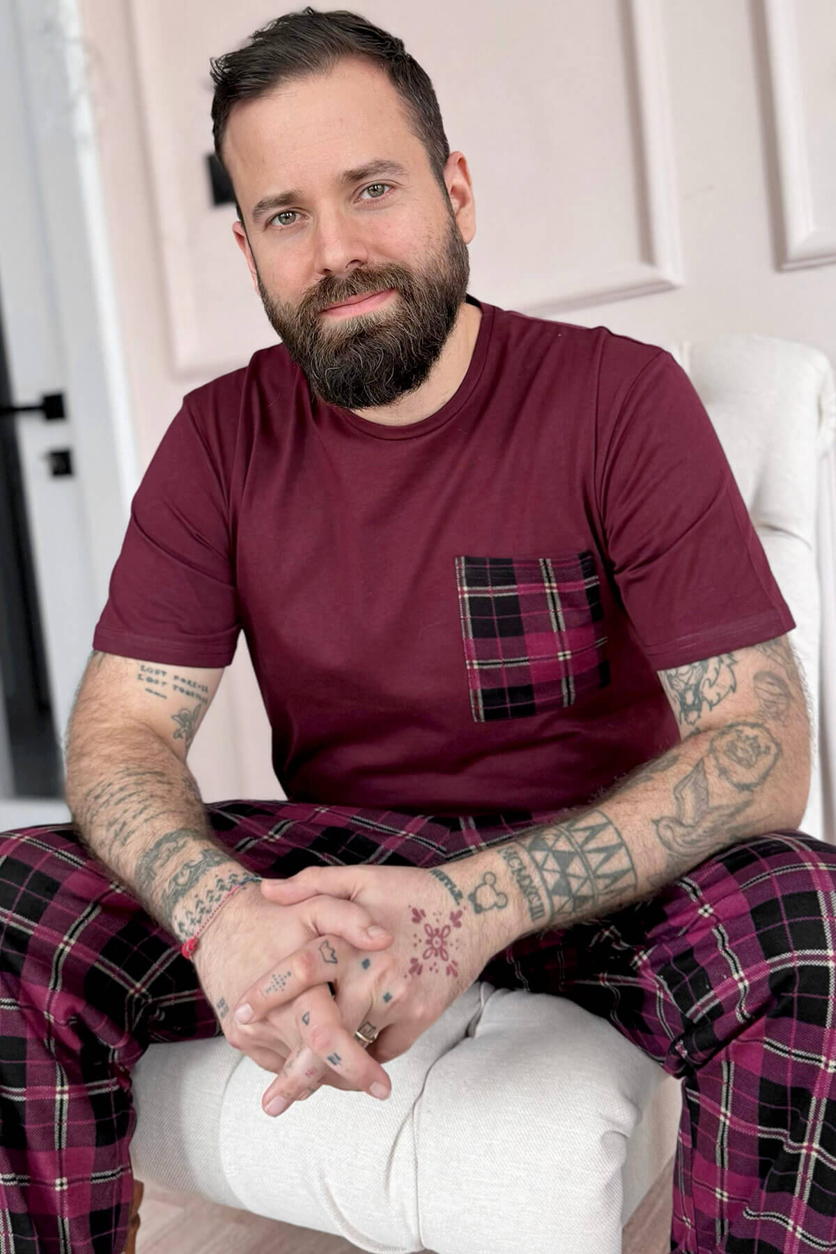 Bordo Ekose Desen Cep Detaylı Kısa Kol Erkek Pijama Takımı