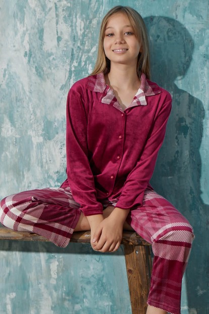 Bordo Ekose Exclusive Önden Düğmeli Kadife Kız Çocuk Pijama Takımı  - Pijamaevi
