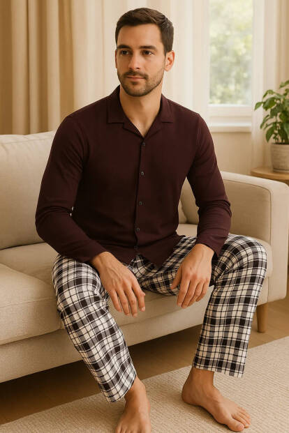 Bordo Ekose Önden Düğmeli Uzun Kollu Erkek Pijama Takımı - Pijamaevi