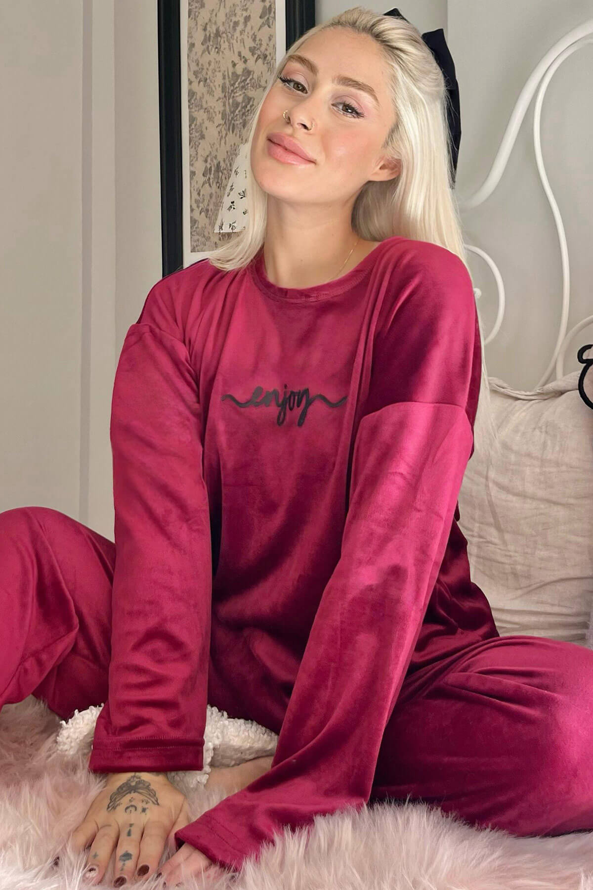 Bordo Enjoy Desenli Exclusive Kadife Kadın Pijama Takımı 