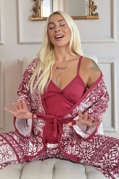 Bordo Etnik Desenli Termal Sabahlıklı Kadın Pijama Takımı - Pijamaevi