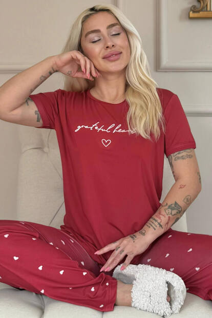 Bordo Grateful Heart Desenli Bambu Kısa Kol Kadın Pijama Takımı - Pijamaevi