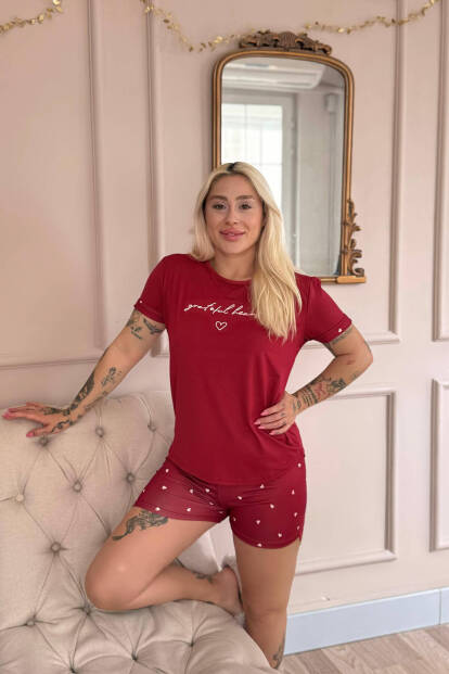 Bordo Grateful Heart Desenli Bambu Kısa Kol Kadın Şortlu Pijama Takımı - Pijamaevi (1)