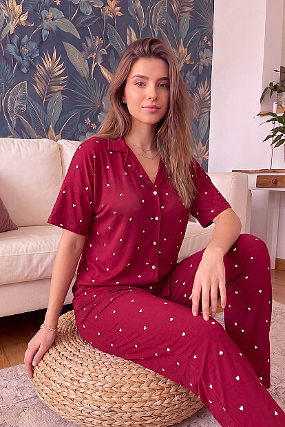 Bordo Heart Desenli Bambu Önden Düğmeli Kısa Kol Pijama Takımı - Pijamaevi (1)