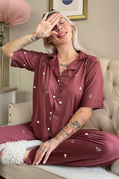Bordo Heart Desenli Bambu Önden Düğmeli Kısa Kol Pijama Takımı - Pijamaevi
