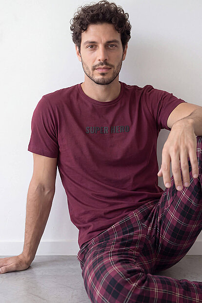 Bordo Hero Baskılı Kısa Kol Erkek Pijama Takımı - Pijamaevi