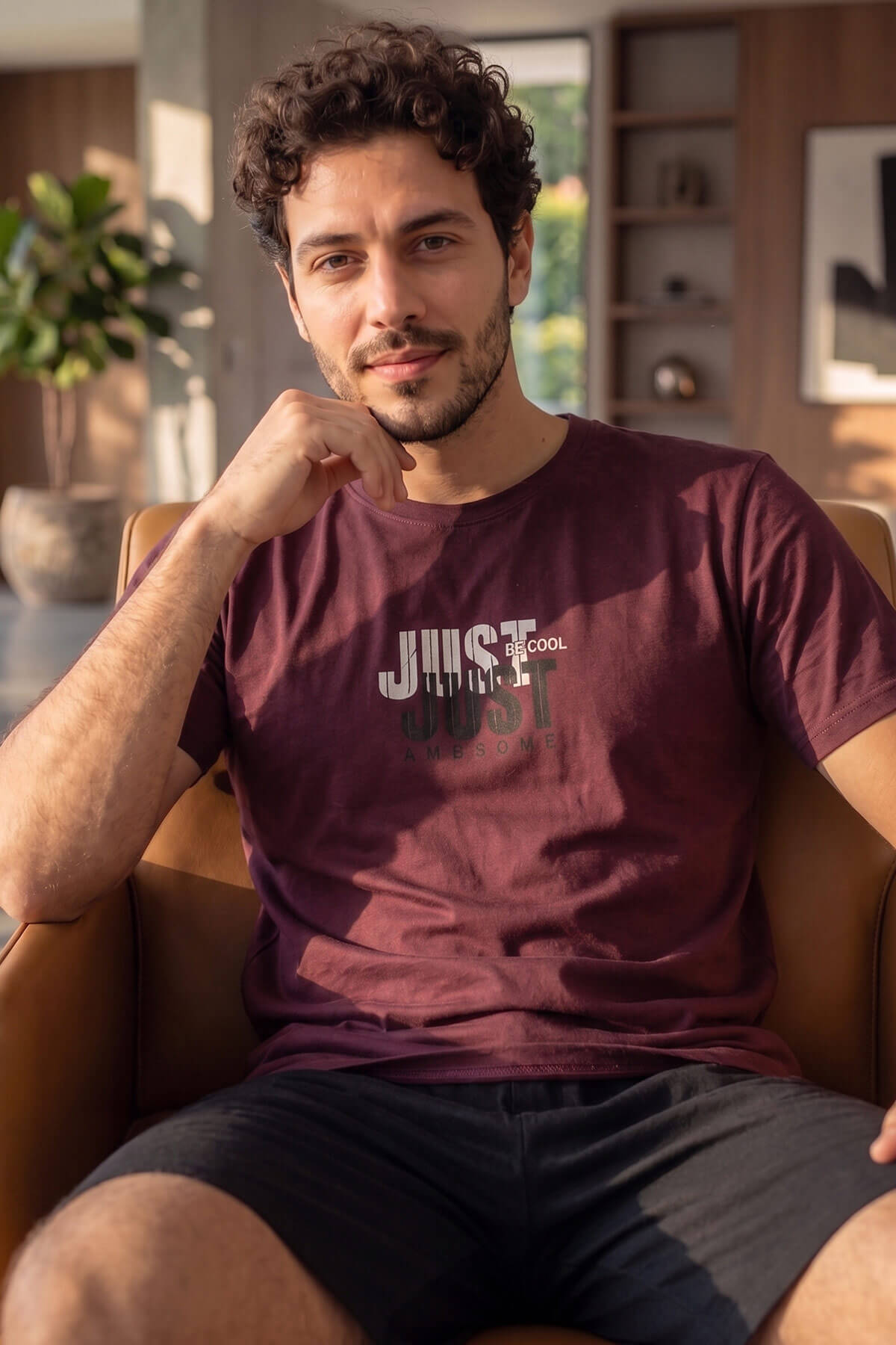 Bordo Just Desenli Kısa Kollu Şortlu Erkek Pijama Takımı