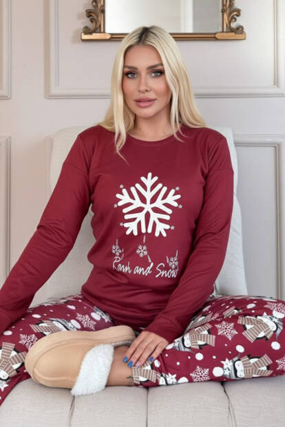 Bordo Kartanesi Desenli Termal Kadın Pijama Takımı - Pijamaevi