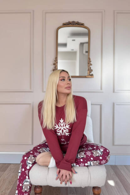 Bordo Kartanesi Desenli Termal Kadın Pijama Takımı - Pijamaevi (1)
