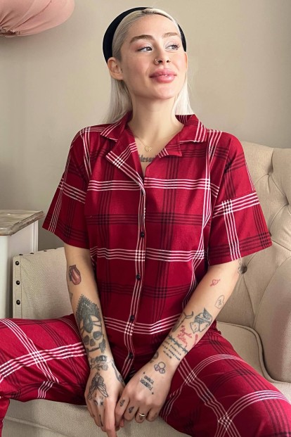 Bordo Lacivert Ekose Baskılı Önden Düğmeli Kısa Kollu Pijama - Pijamaevi