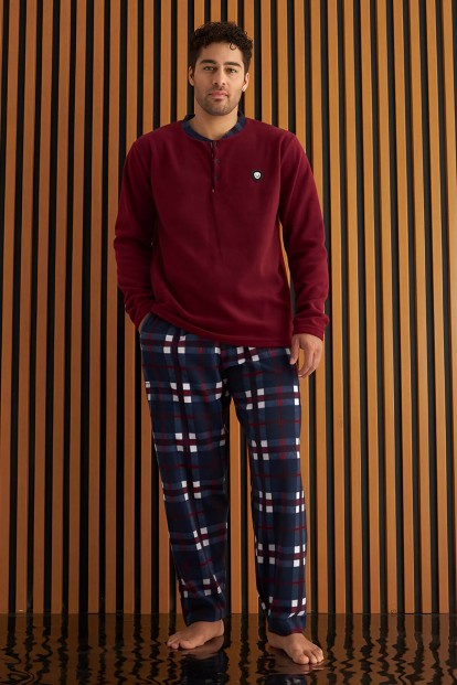 Bordo Lacivert Ekose Desenli Polar Erkek Pijama Takımı - Pijamaevi (1)
