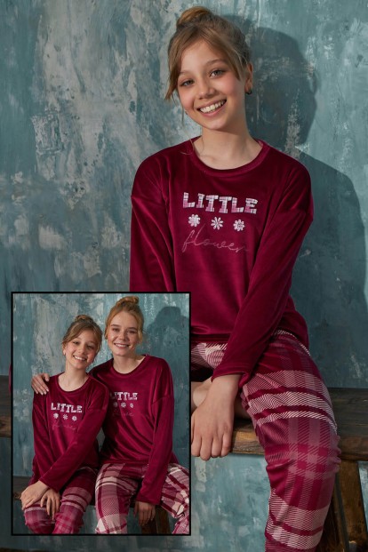 Bordo Little Kadife Anne Kız Aile Pijaması - Çocuk Takımı - Pijamaevi