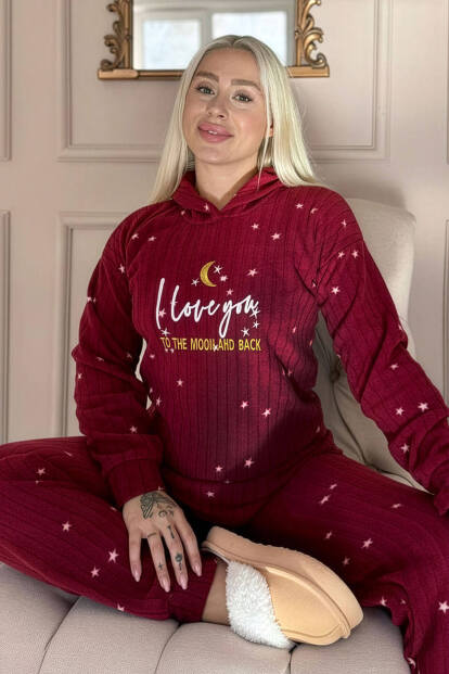 Bordo Love Moon Desenli Kapşonlu Peluş Polar Pijama Takımı - Pijamaevi