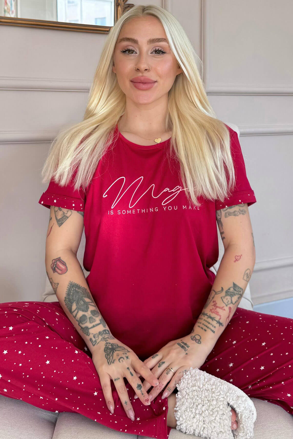 Bordo Magic Desenli Bambu Kısa Kol Kadın Pijama Takımı