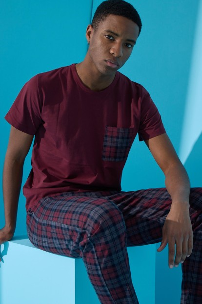 Bordo Many Square Ekose Desenli Kısa Kollu Erkek Pijama Takımı - Pijamaevi
