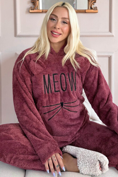 Bordo Meow Desenli Tam Peluş Pijama Takımı - Pijamaevi