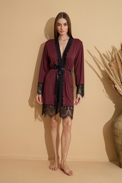 Bordo Milan Dantel Detaylı Örme Bambu Kadın Sabahlık - Pijamaevi (1)