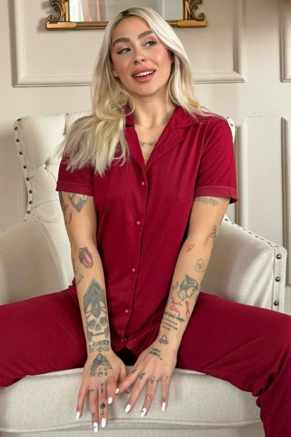 Bordo Önden Düğmeli Kısa Kol Örme Kadın Pijama - Pijamaevi