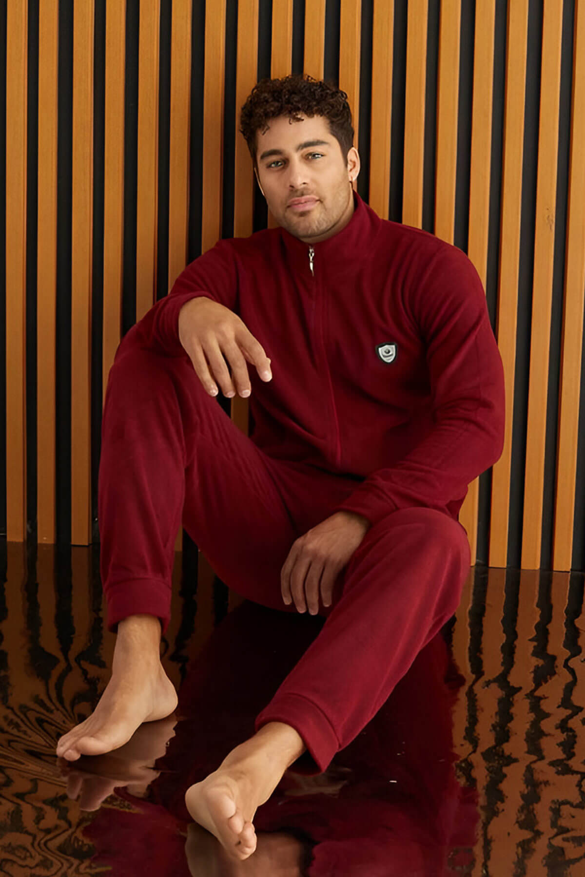 Bordo Önden Fermuarlı Uzun Kollu Polar Erkek Pijama Takımı