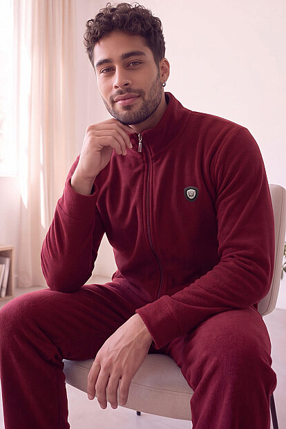 Bordo Önden Fermuarlı Uzun Kollu Polar Erkek Pijama Takımı - Pijamaevi
