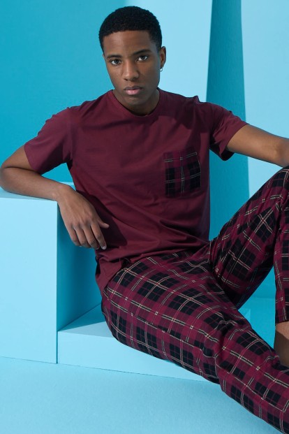 Bordo One Square Ekose Desenli Kısa Kollu Erkek Pijama Takımı - Pijamaevi