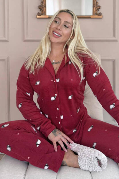 Bordo Panda Desenli Önden Düğmeli Peluş Polar Pijama Takımı - Pijamaevi