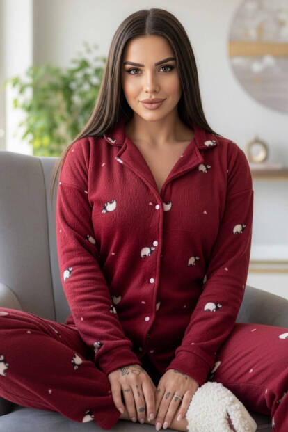 Bordo Panda Desenli Önden Düğmeli Peluş Polar Pijama Takımı - Pijamaevi