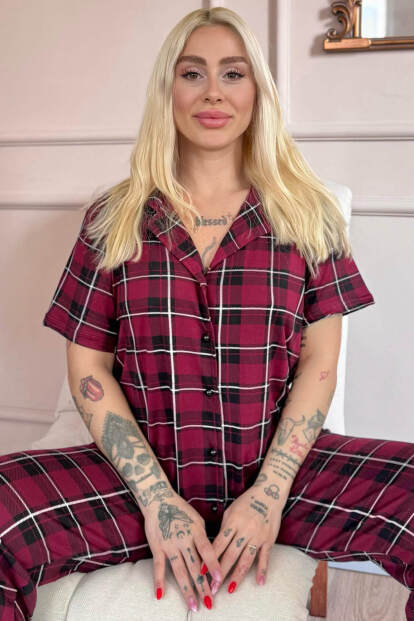 Bordo Silhouette Desenli Bambu Önden Düğmeli Kısa Kol Pijama Takımı - Pijamaevi