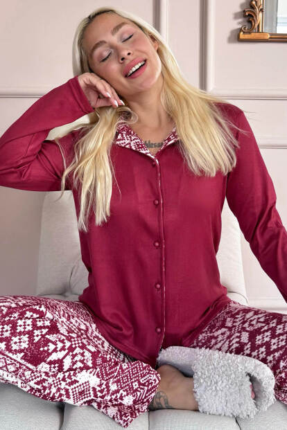 Bordo Sosial Desenli Termal Önden Düğmeli Kadın Pijama Takımı - Pijamaevi