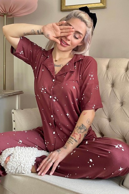 Bordo Stars Desenli Bambu Önden Düğmeli Kısa Kol Pijama Takımı - Pijamaevi