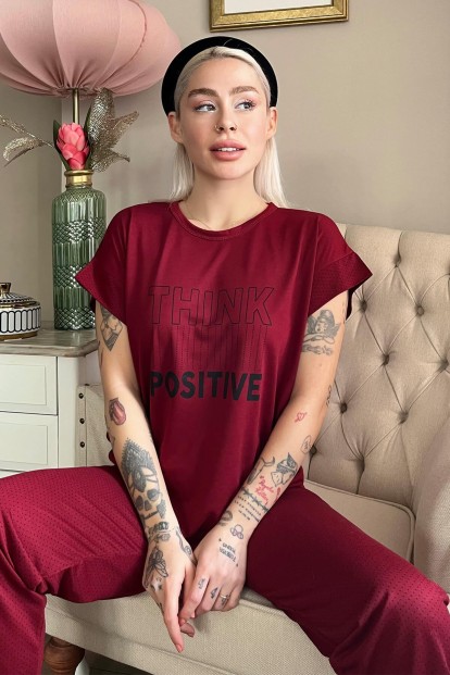 Bordo Think Baskılı Örme Kısa Kollu Kadın Pijama Takımı - Pijamaevi