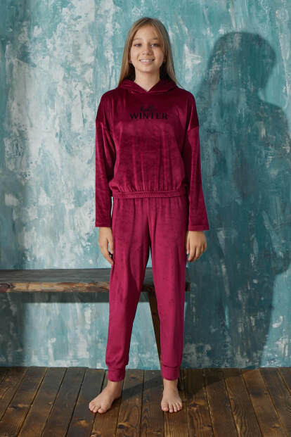 Bordo Winter Desenli Exclusive Kadife Kız Çocuk Pijama Takımı  - Pijamaevi (1)