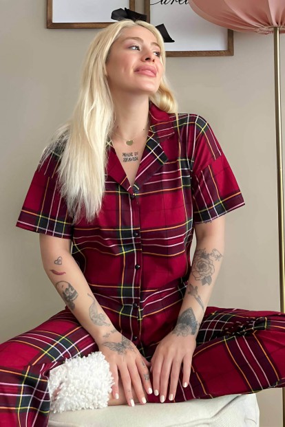 Bordo Yeşil Ekose Baskılı Önden Düğmeli Kısa Kollu Pijama - Pijamaevi