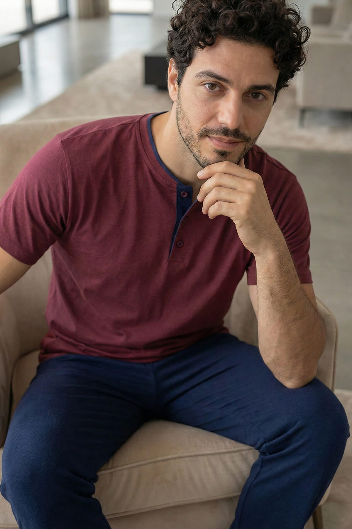 Burgundy Wine Kısa Kollu Pat Detaylı Elegant Erkek Pijama Takımı