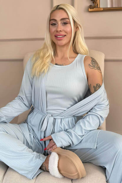 Buz Mavi Dublin Sabahlıklı Kadın Pijama Takımı - Pijamaevi