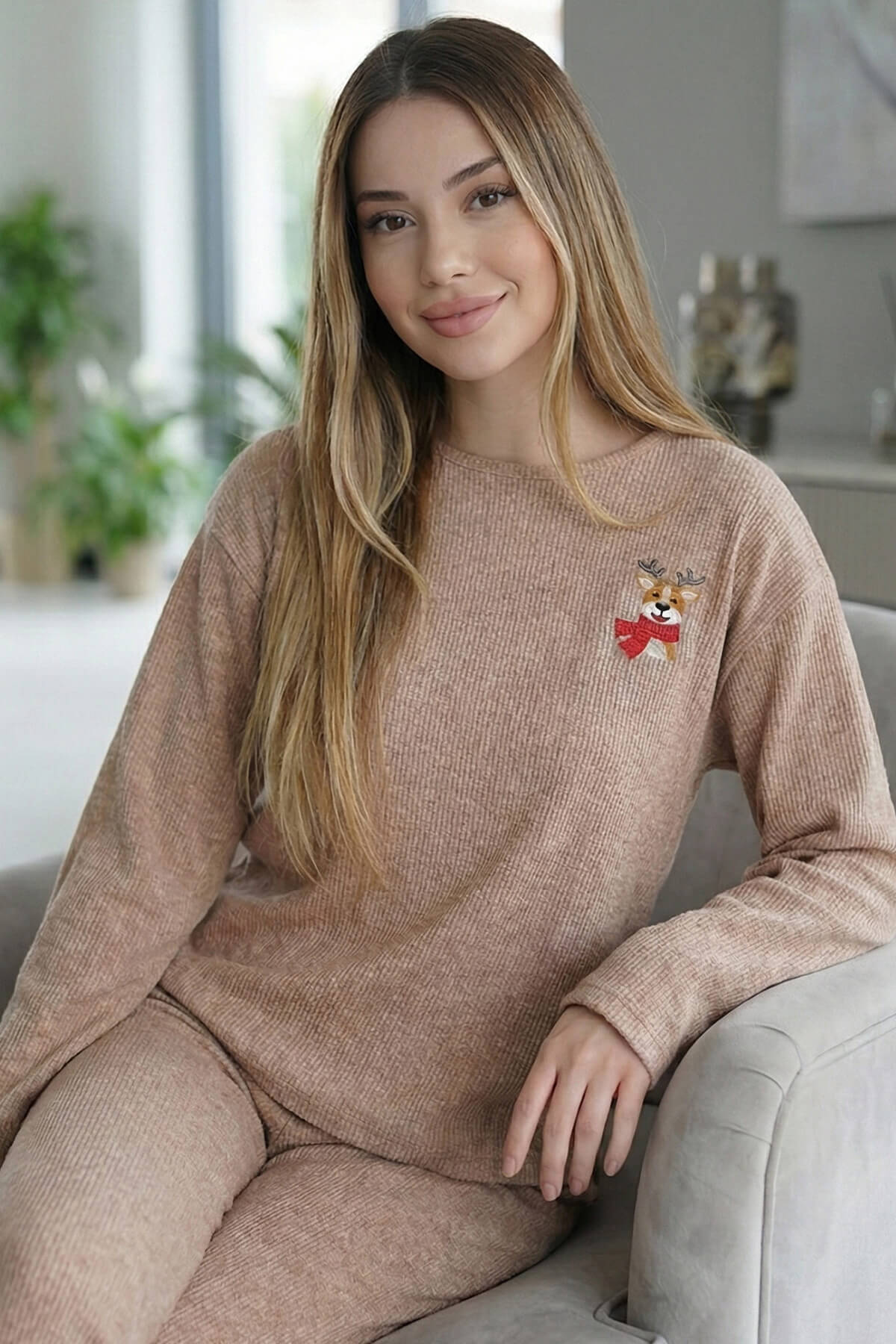 Camel Deer Desenli Uzun Kollu Seul Örme Kadın Pijama Takımı