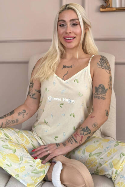 Choose Happy Baskılı Ip Askılı Örme Kadın Pijama Takımı - Pijamaevi