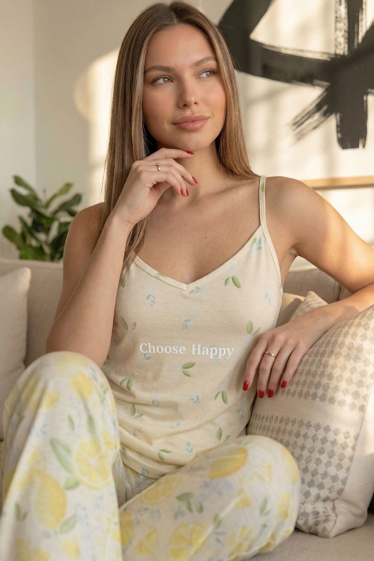 Choose Happy Baskılı Ip Askılı Örme Kadın Pijama Takımı