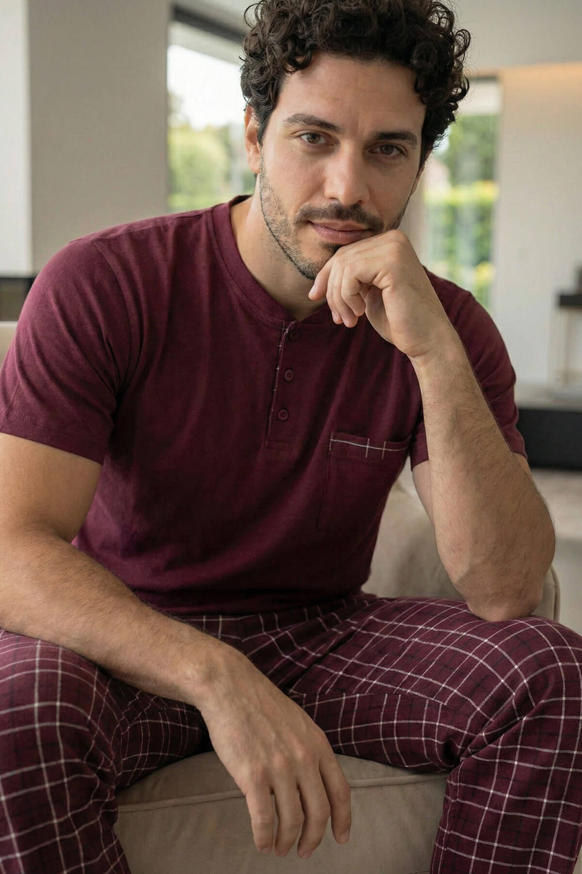Deep Maroon Kısa Kollu Cep Detaylı Elegant Erkek Pijama Takımı