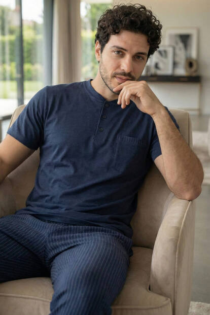 Deep Navy Kısa Kollu Cep Detaylı Elegant Erkek Pijama Takımı - Pijamaevi