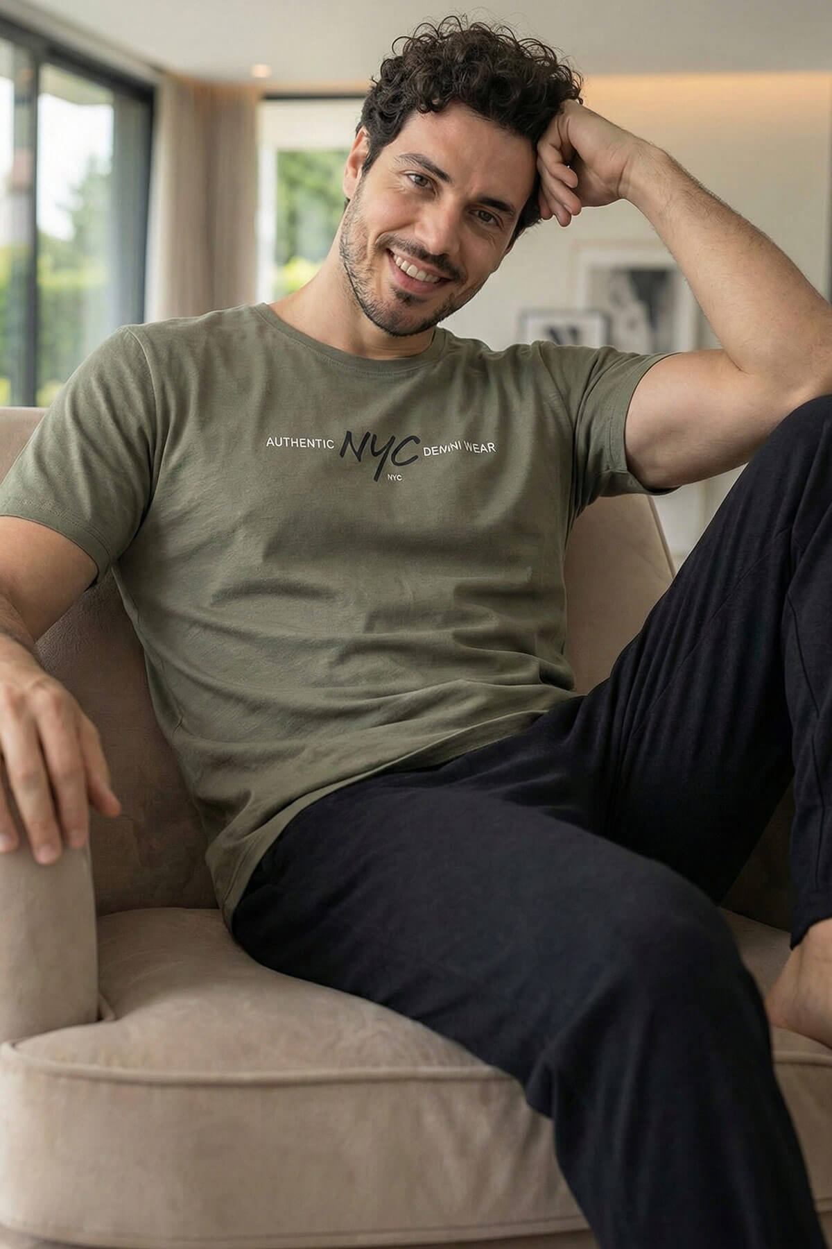 Deep Olive Unity Baskılı Kısa Kollu Cotton Erkek Pijama Takımı