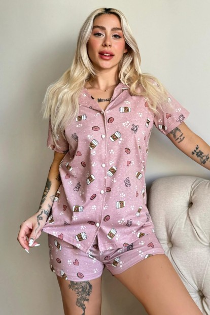 Donut Coffe Önden Düğmeli Şortlu Kısa Kollu Kadın Pijama Takımı - Pijamaevi
