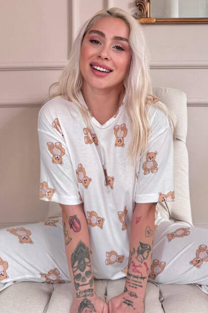Doux Bear Desenli Bambu Kısa Kol Kadın Pijama Takımı - Pijamaevi