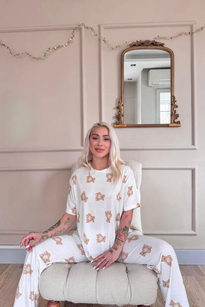 Doux Bear Desenli Bambu Kısa Kol Kadın Pijama Takımı - Pijamaevi (1)