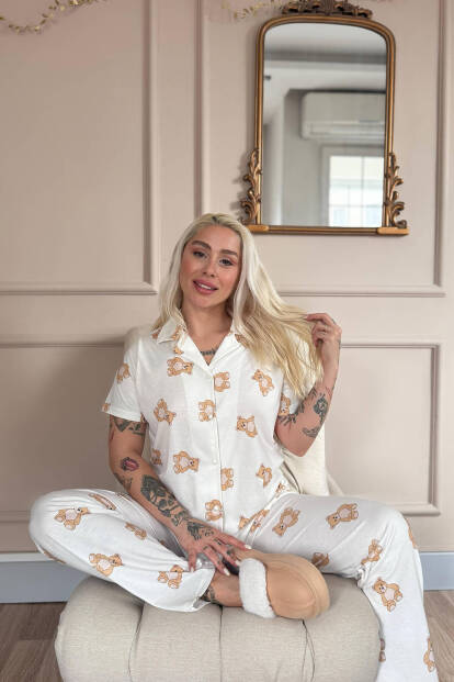 Doux Bear Desenli Bambu Önden Düğmeli Kısa Kol Pijama Takımı - Pijamaevi (1)